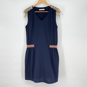 See U Soon Navy Blue Beaded Aztec Southwestern Sleeveless‎ Mini Dress Size M